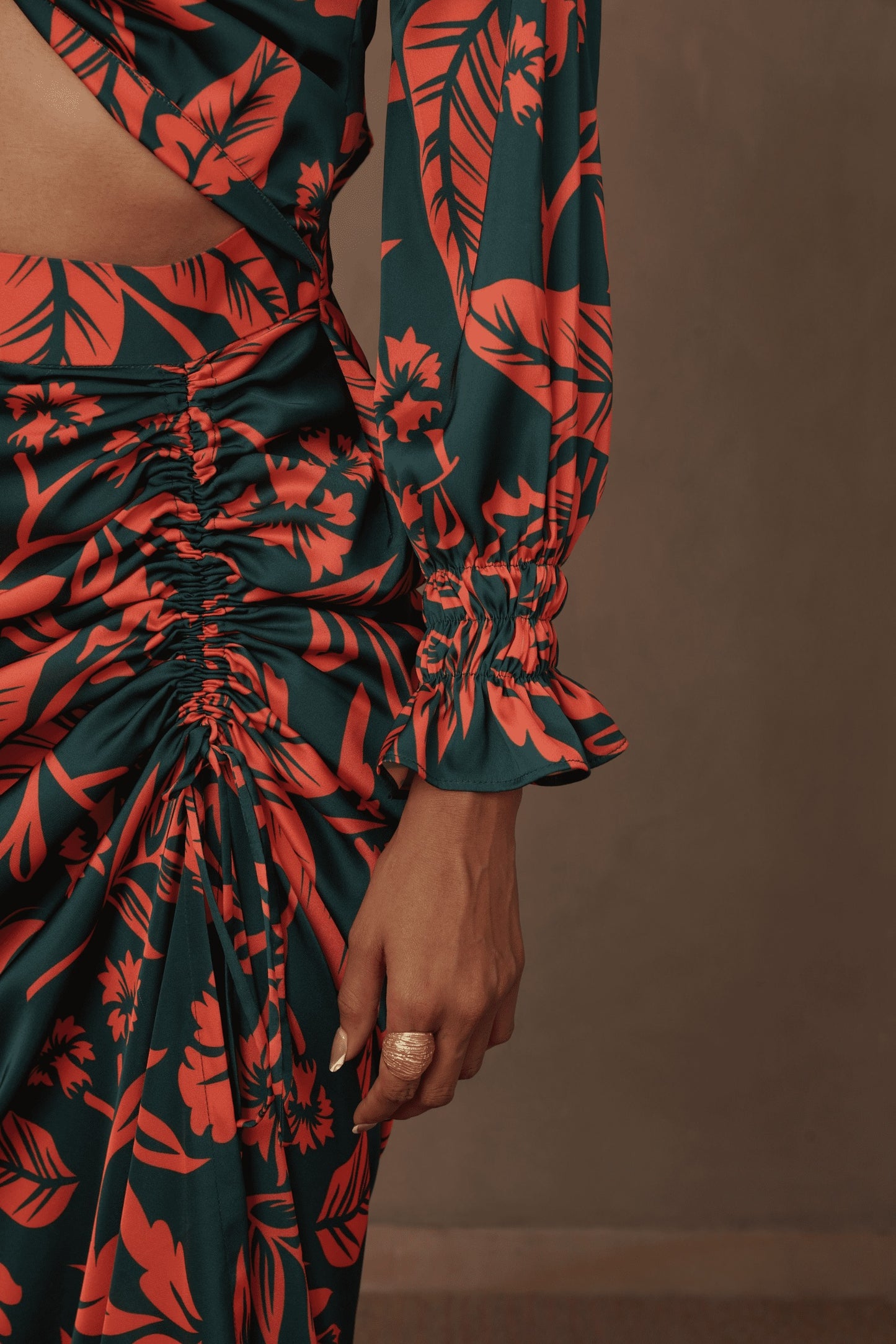 Bottle Green Cutout Full Sleeved Dress with Slit - Ambition