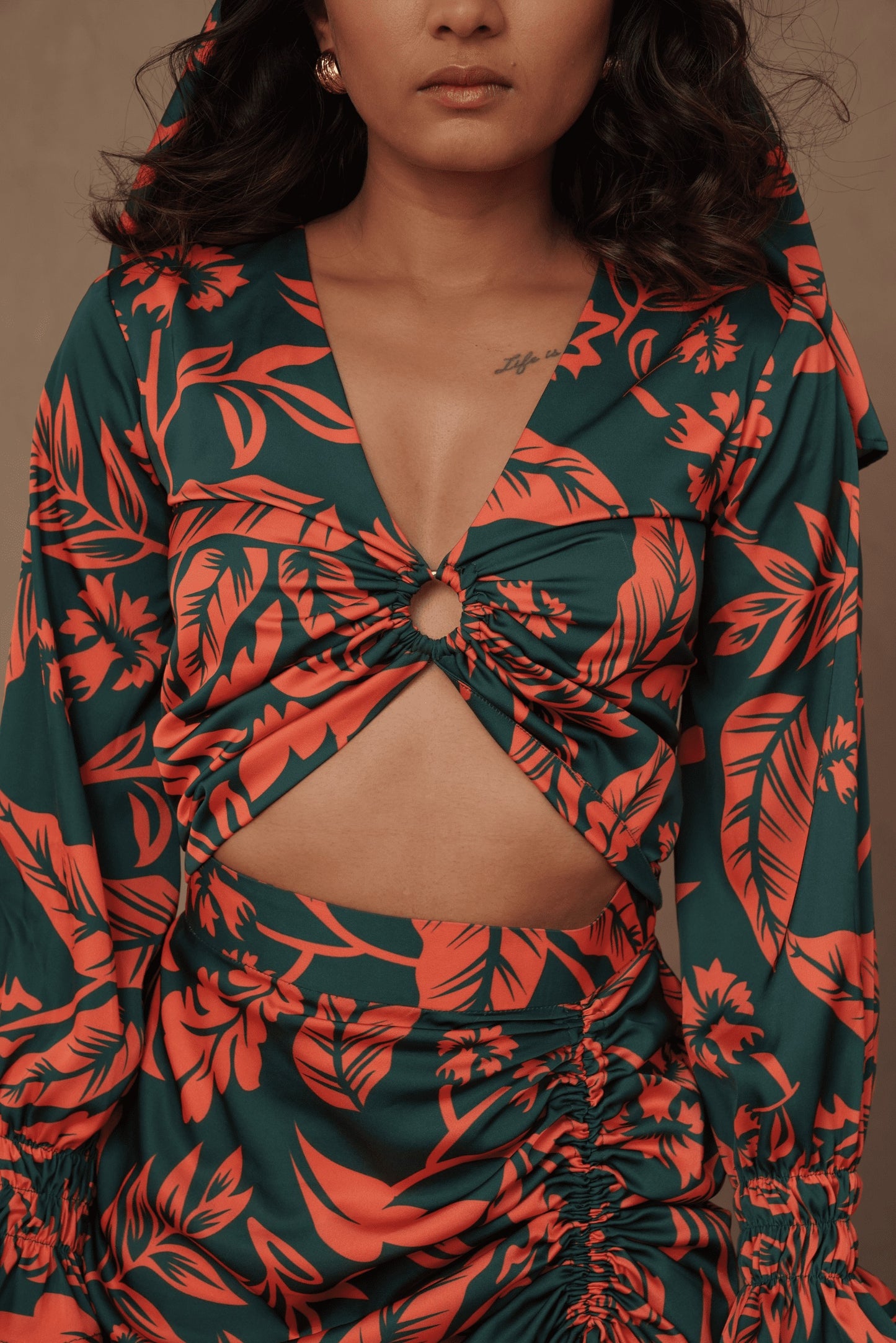 Bottle Green Cutout Full Sleeved Dress with Slit - Ambition