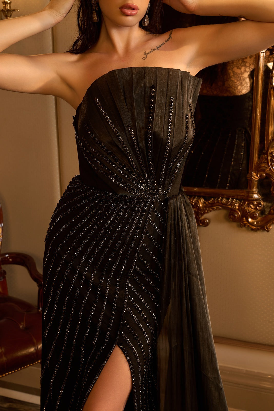 Black Fan Drape Slit Gown