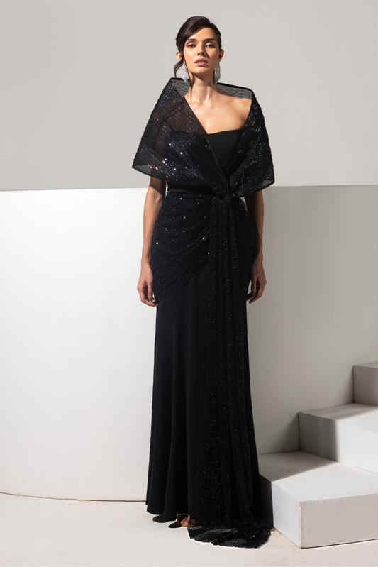 Black 3d Embellished Gown - Shadow