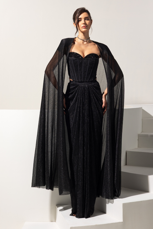 Black Corset with Drape Skirt and Cape - Midnight