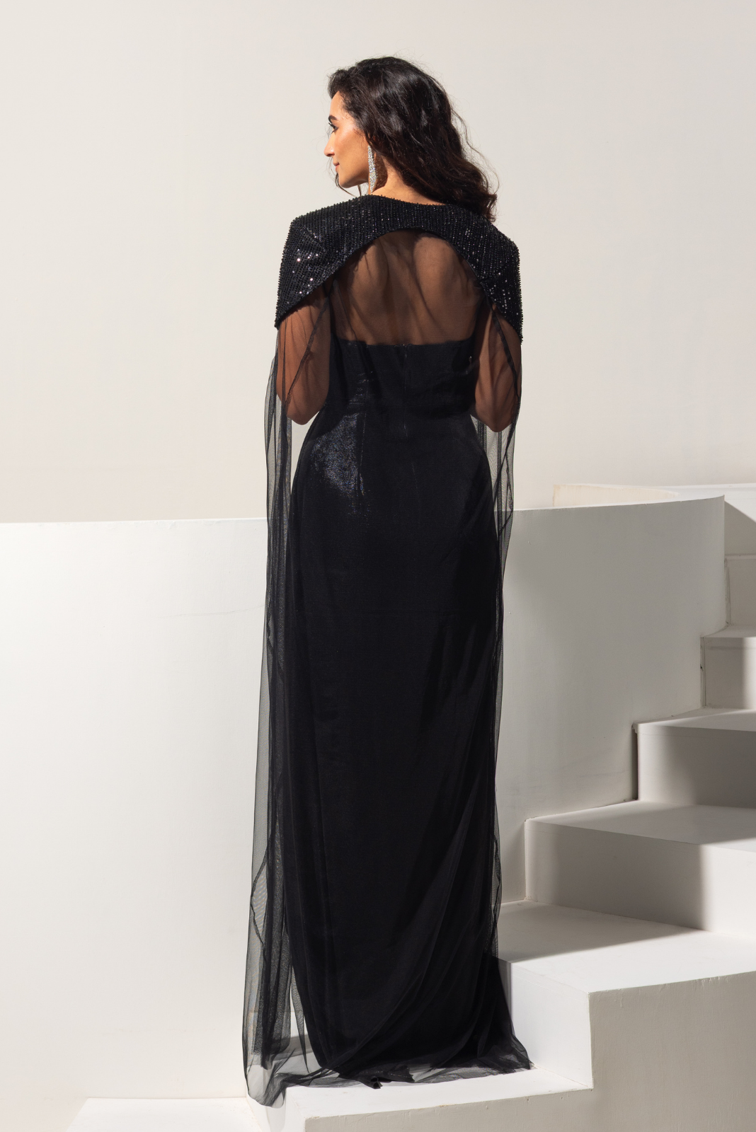Black Embroidered Drape Gown and Cape - Noir