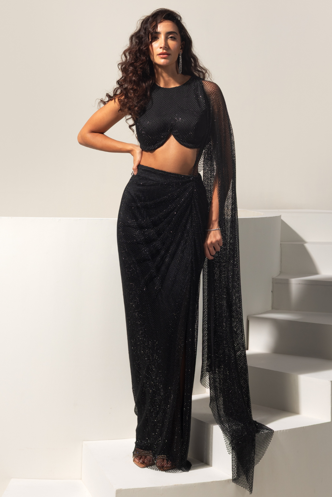 Black Swarovski Pre draped Saree with Blouse - Eclipse