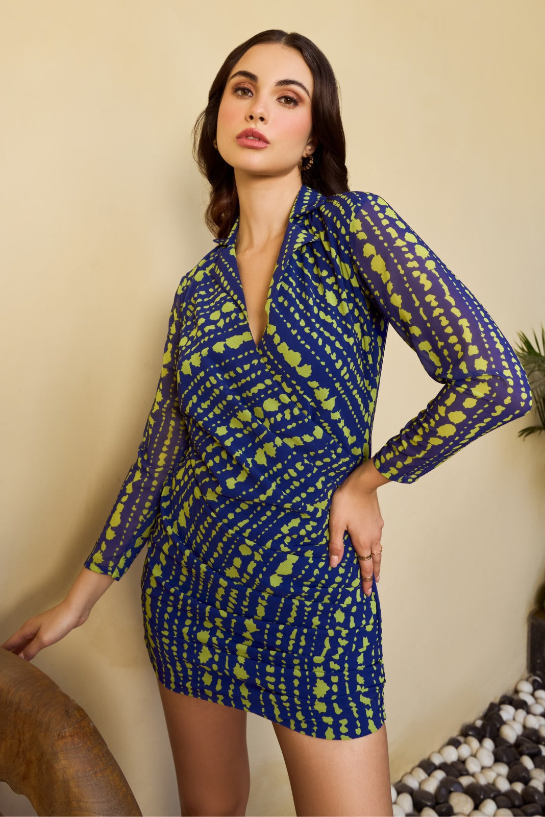 Blue Collar Short Dress with Side Drape