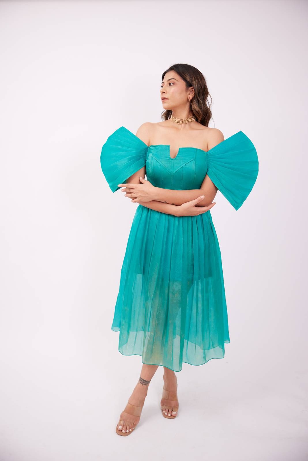 Green Structured Corset Dress With Fan Sleeves – Bombshell