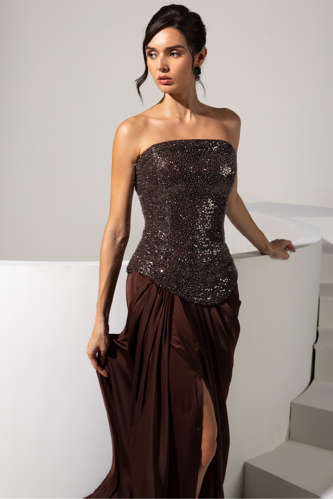 Brown Corset with Detachable Cape and Drape Skirt -Cocoa