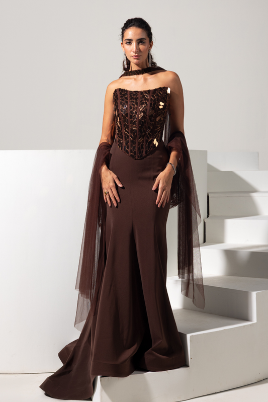 Brown Corset with Fishcut Skirt and Choker - Mocha