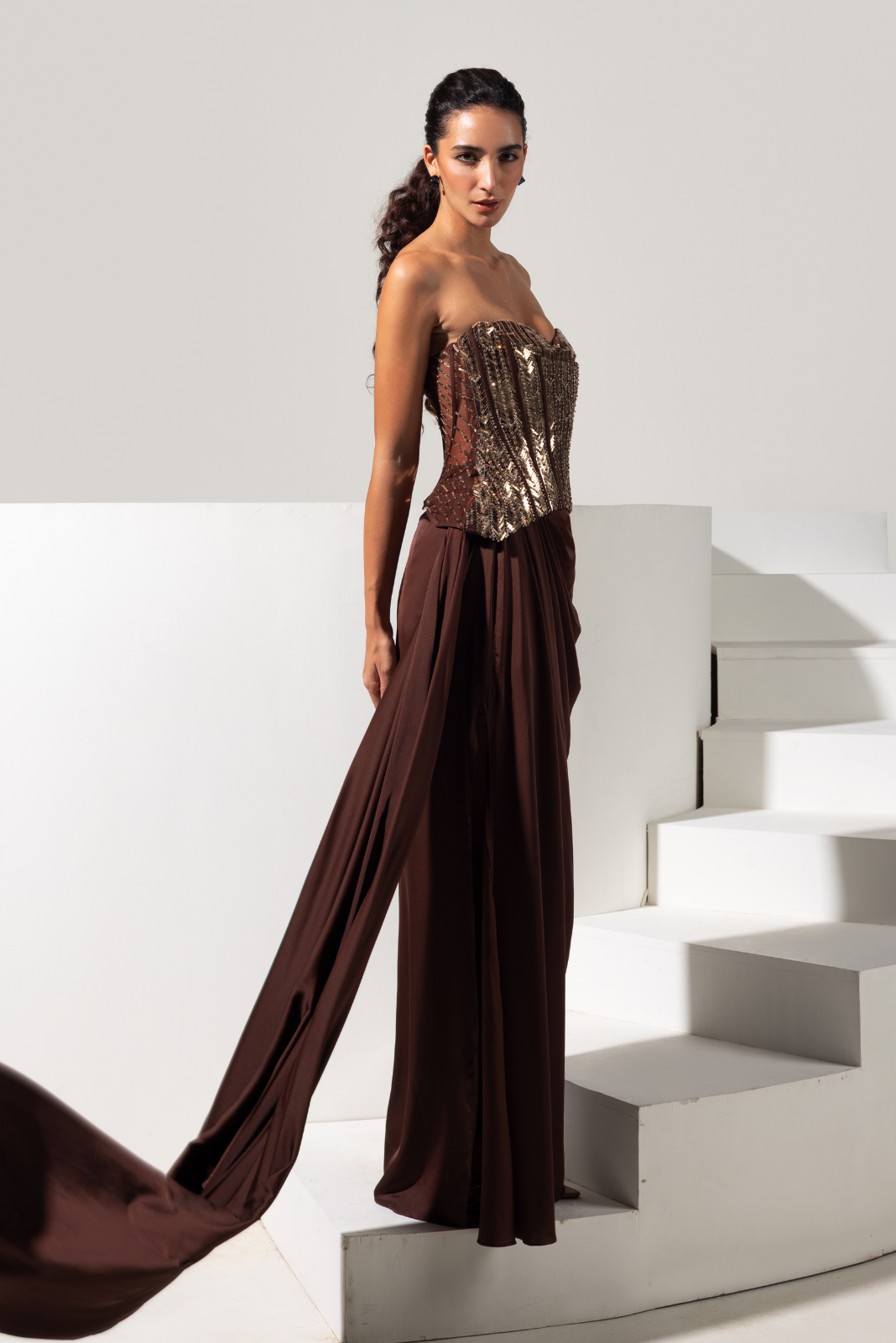 Brown Embroidery Corset with Drape Skirt - Bronza