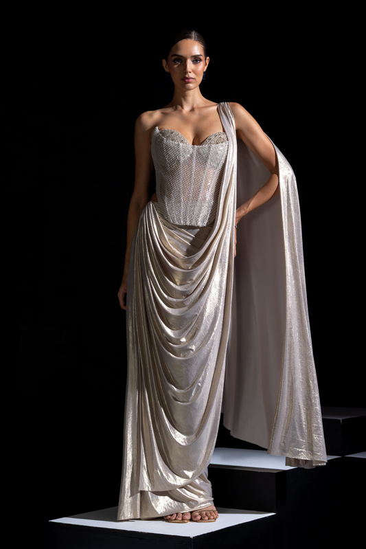 Champagne Embellished Corset with Pre draped Saree - Halo