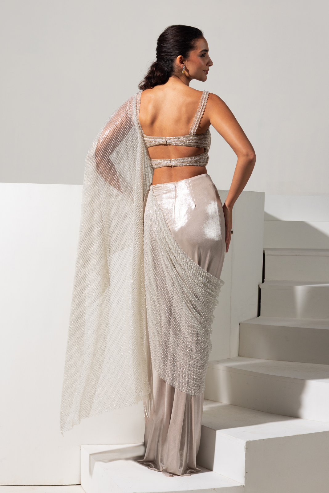 Champagne Full Embroidered Blouse with Ready to Wear Saree - Aurora