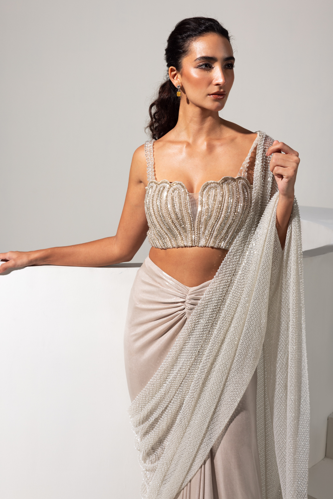 Champagne Full Embroidered Blouse with Ready to Wear Saree - Aurora