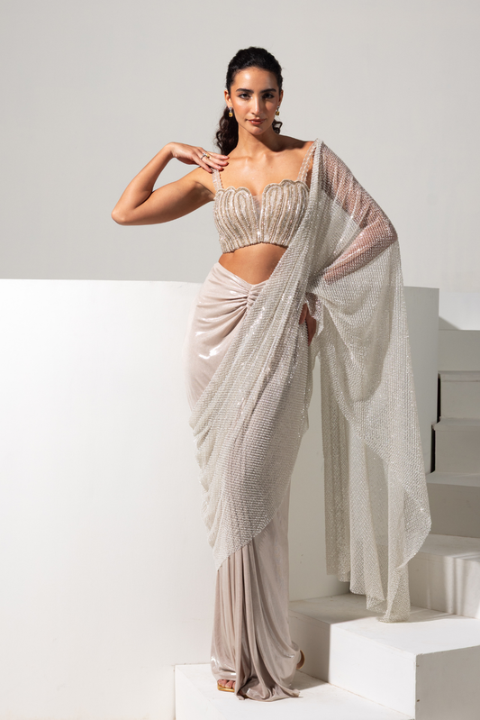 Champagne Full Embroidered Blouse with Ready to Wear Saree - Aurora