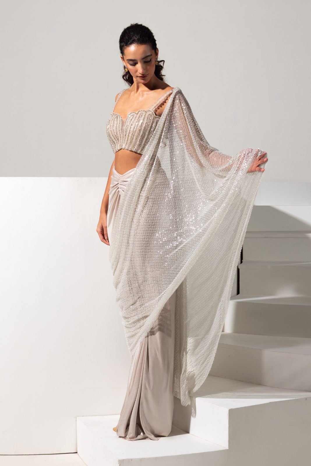 Champagne Full Embroidered Blouse with Ready to Wear Saree - Aurora
