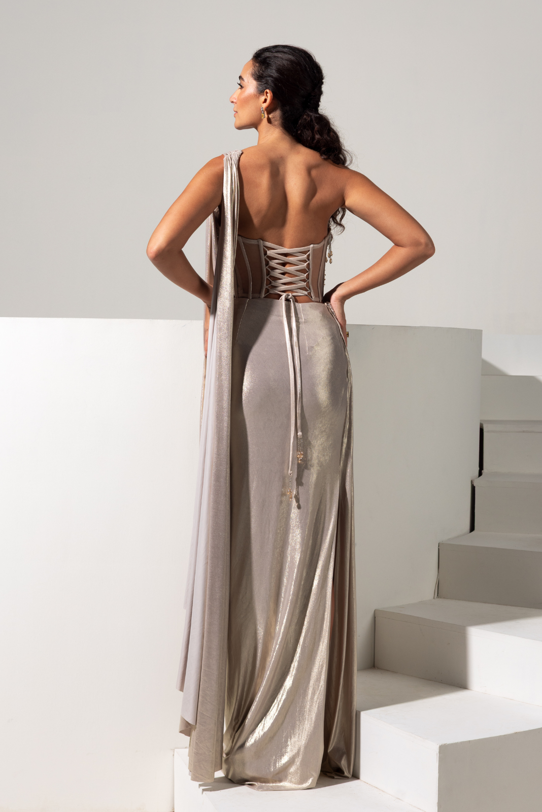 Champagne Full Embroidered Corset with Metallic Drape Saree - Treasure