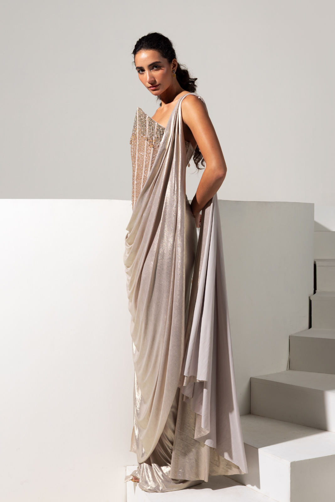 Champagne Full Embroidered Corset with Metallic Drape Saree - Treasure