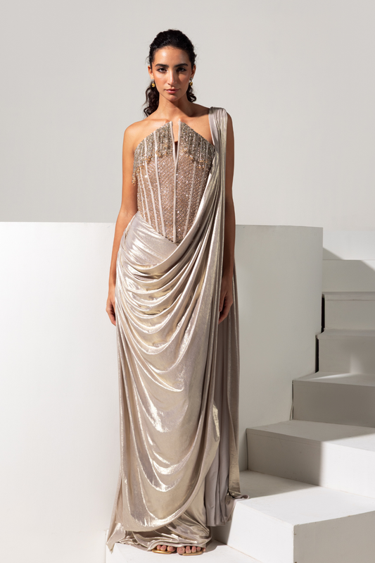 Champagne Full Embroidered Corset with Metallic Drape Saree - Treasure