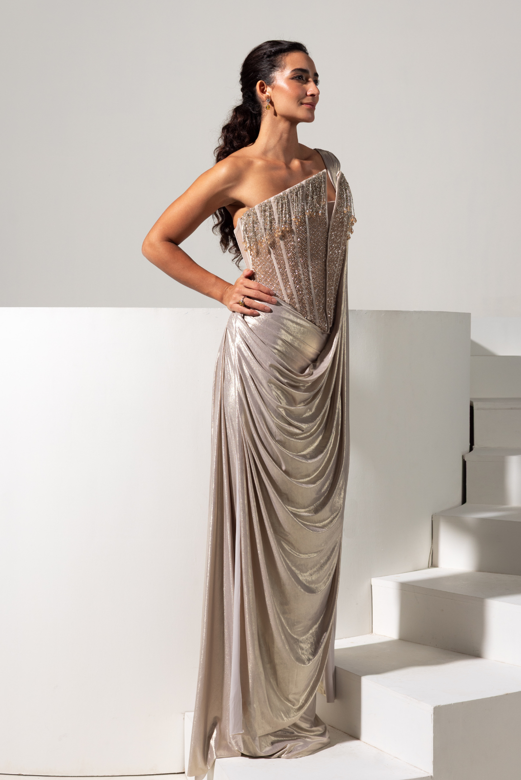 Champagne Full Embroidered Corset with Metallic Drape Saree - Treasure