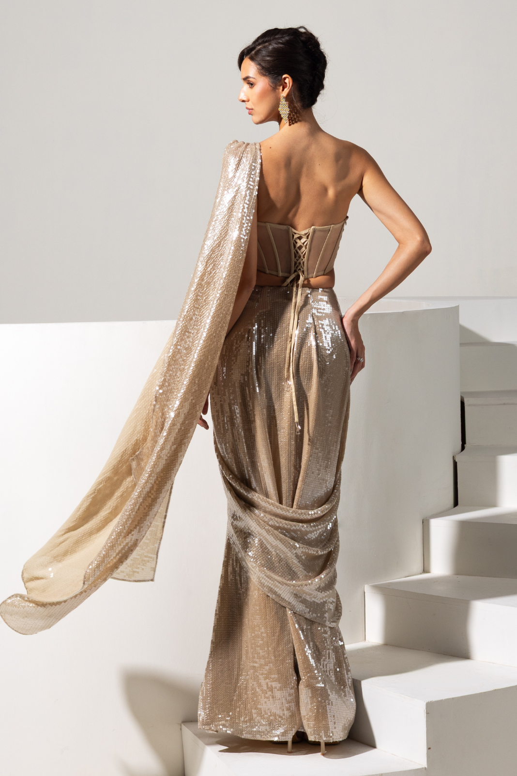 Champagne Gold Sequence Pre draped Saree set - Lustre
