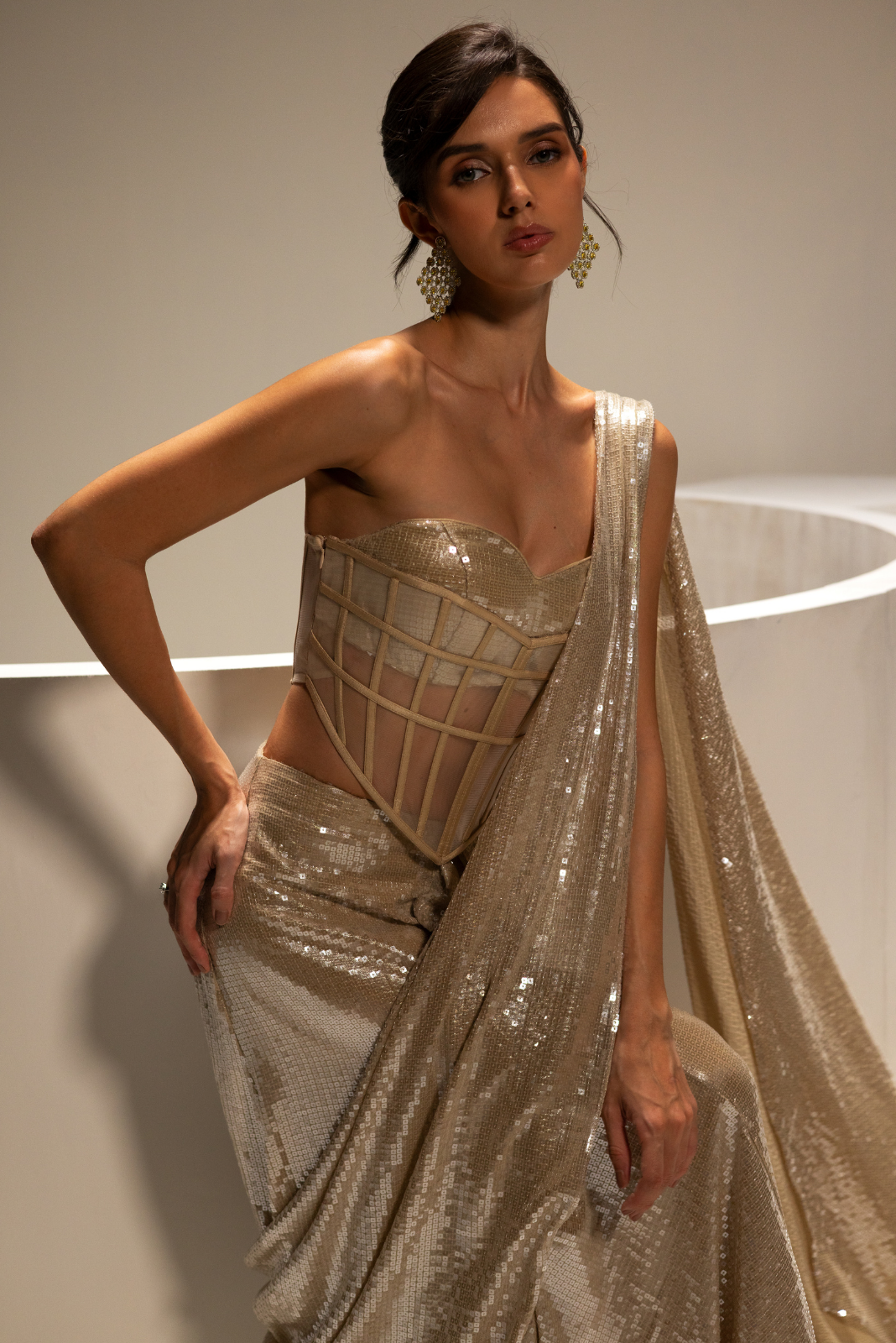 Champagne Gold Sequence Pre draped Saree set - Lustre