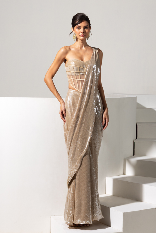 Champagne Gold Sequence Pre draped Saree set - Lustre