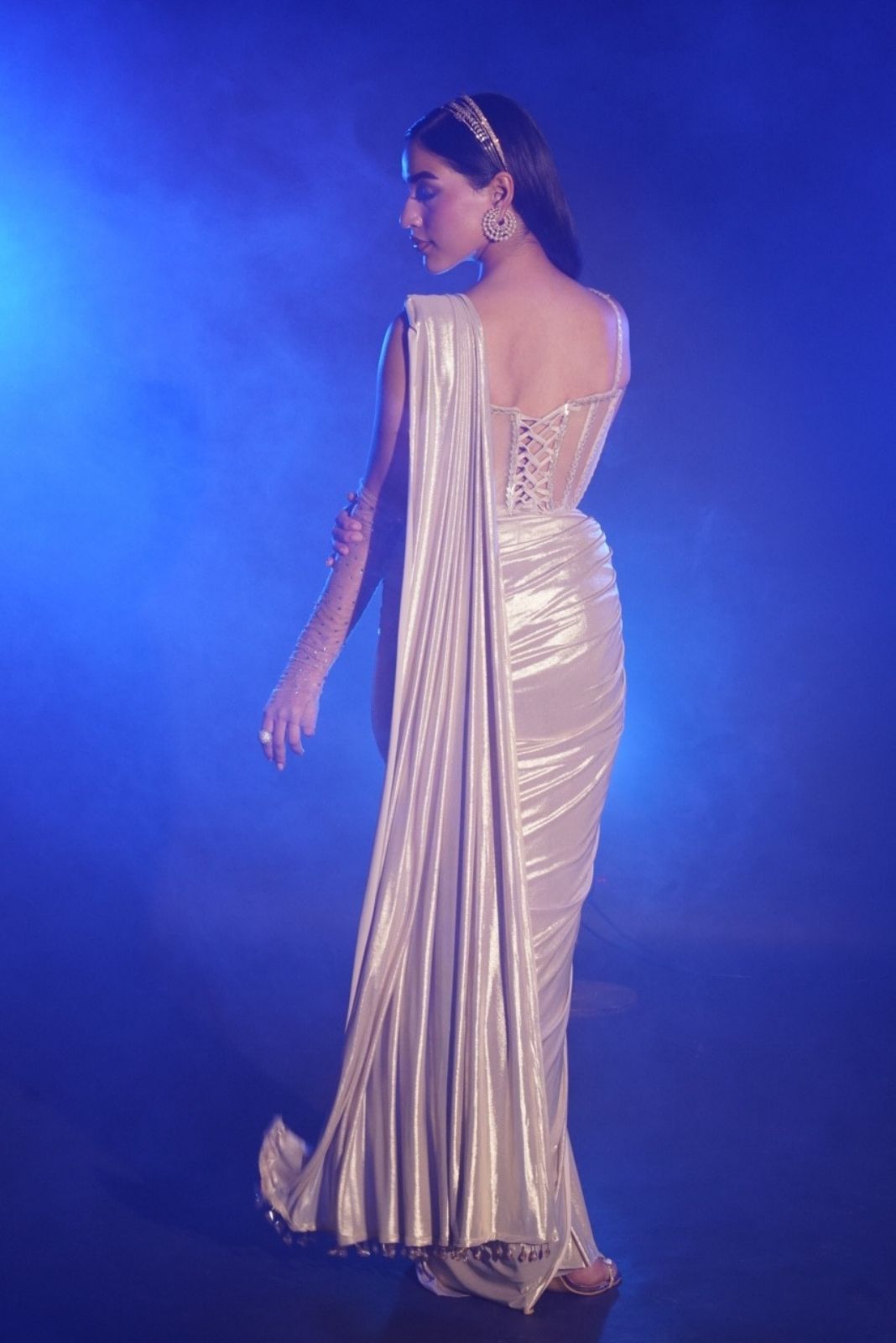 Champagne Long Corset Pre-draped Saree