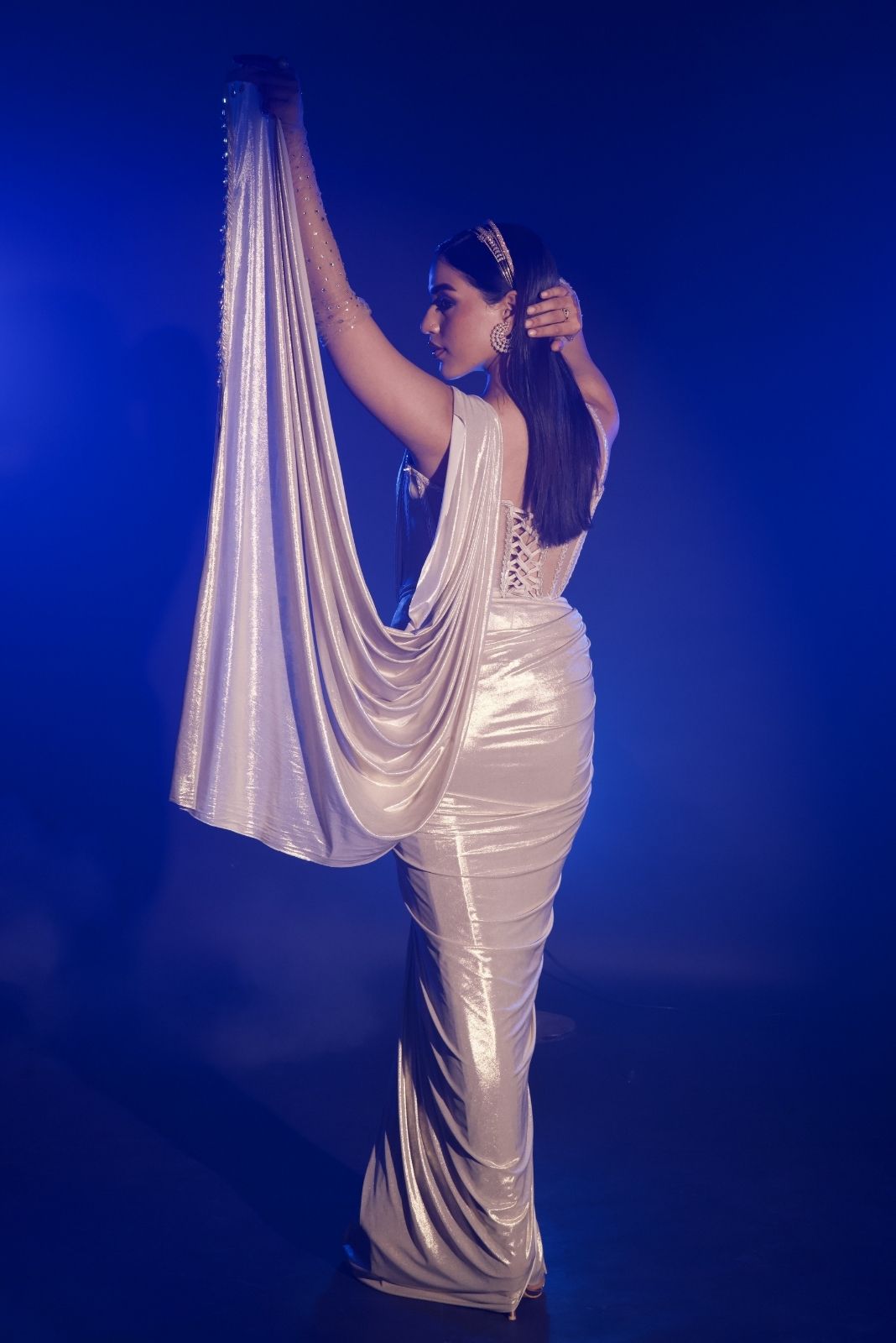 Champagne Long Corset Pre-draped Saree