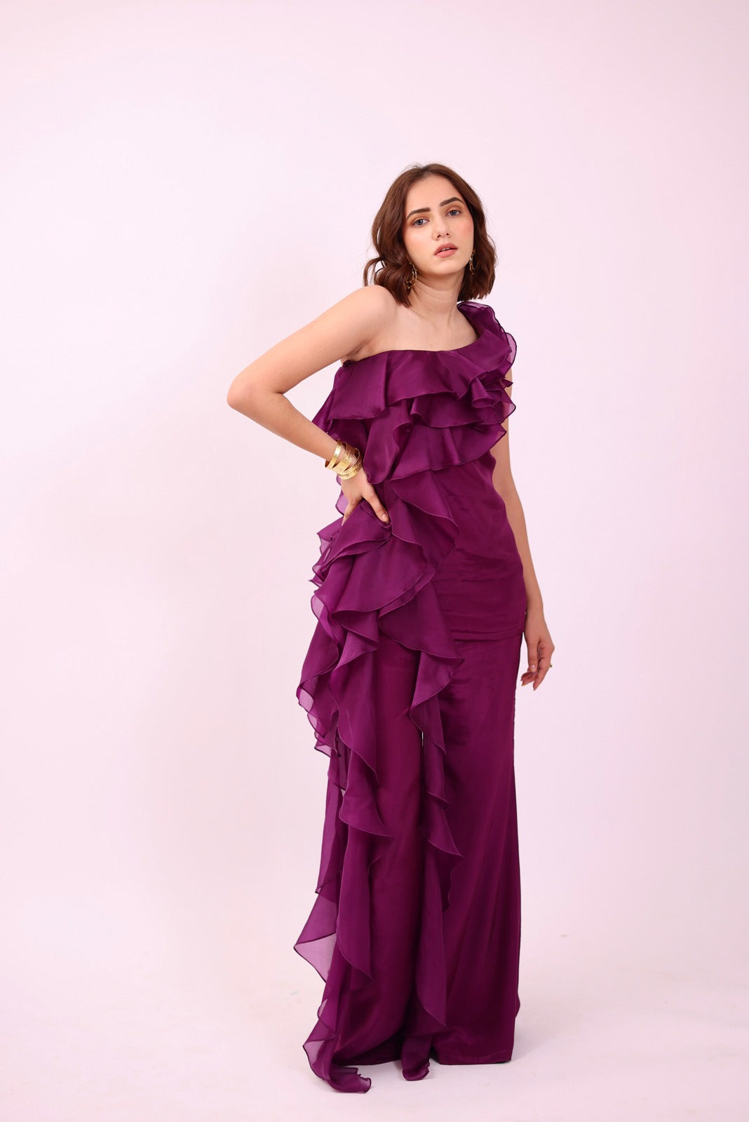 Purple One Shoulder Long Ruffled Co-ord Set- Chirpy