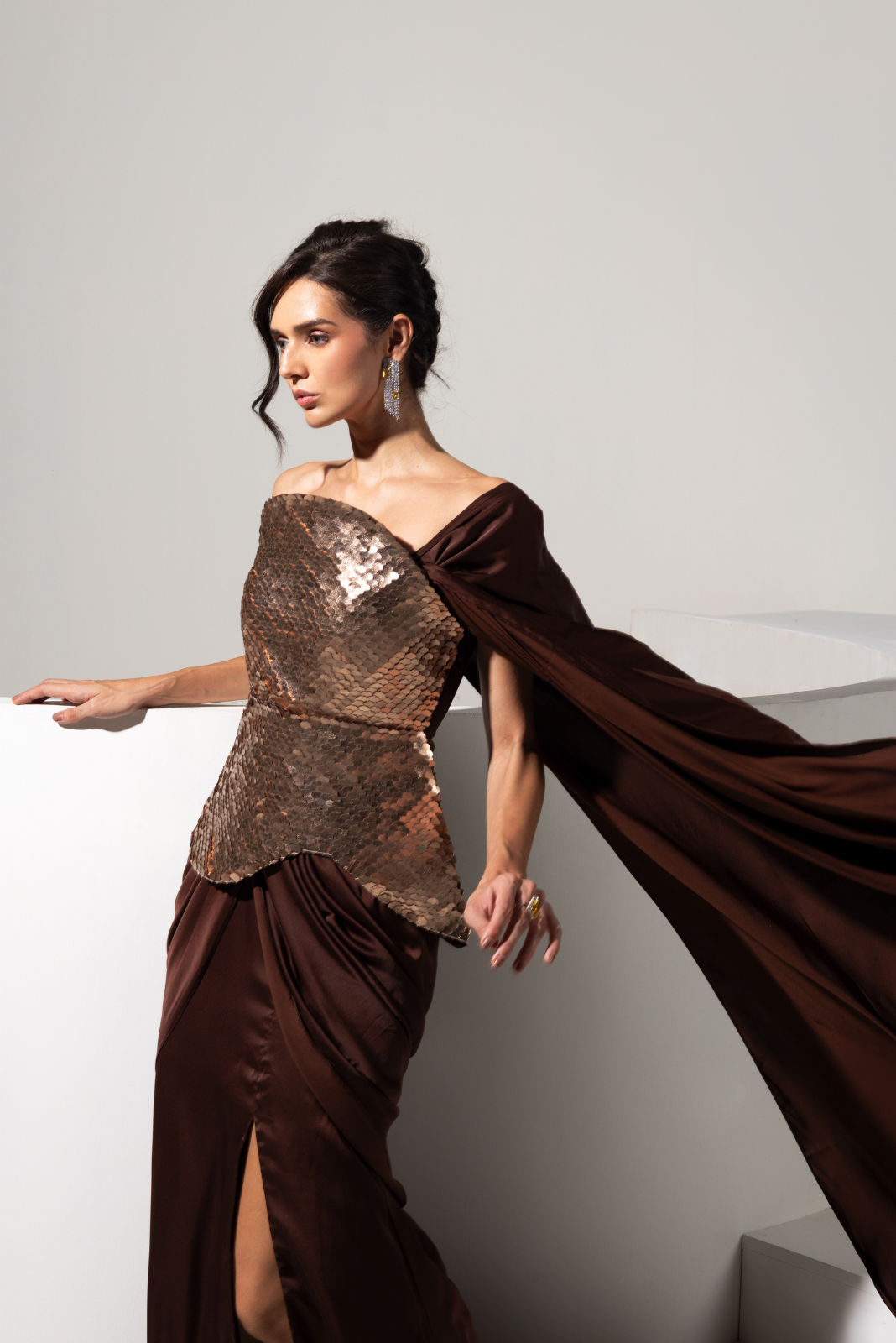 Chocolate Brown 3d Fishfin Embroidery Corset and Drape Skirt - Truffle