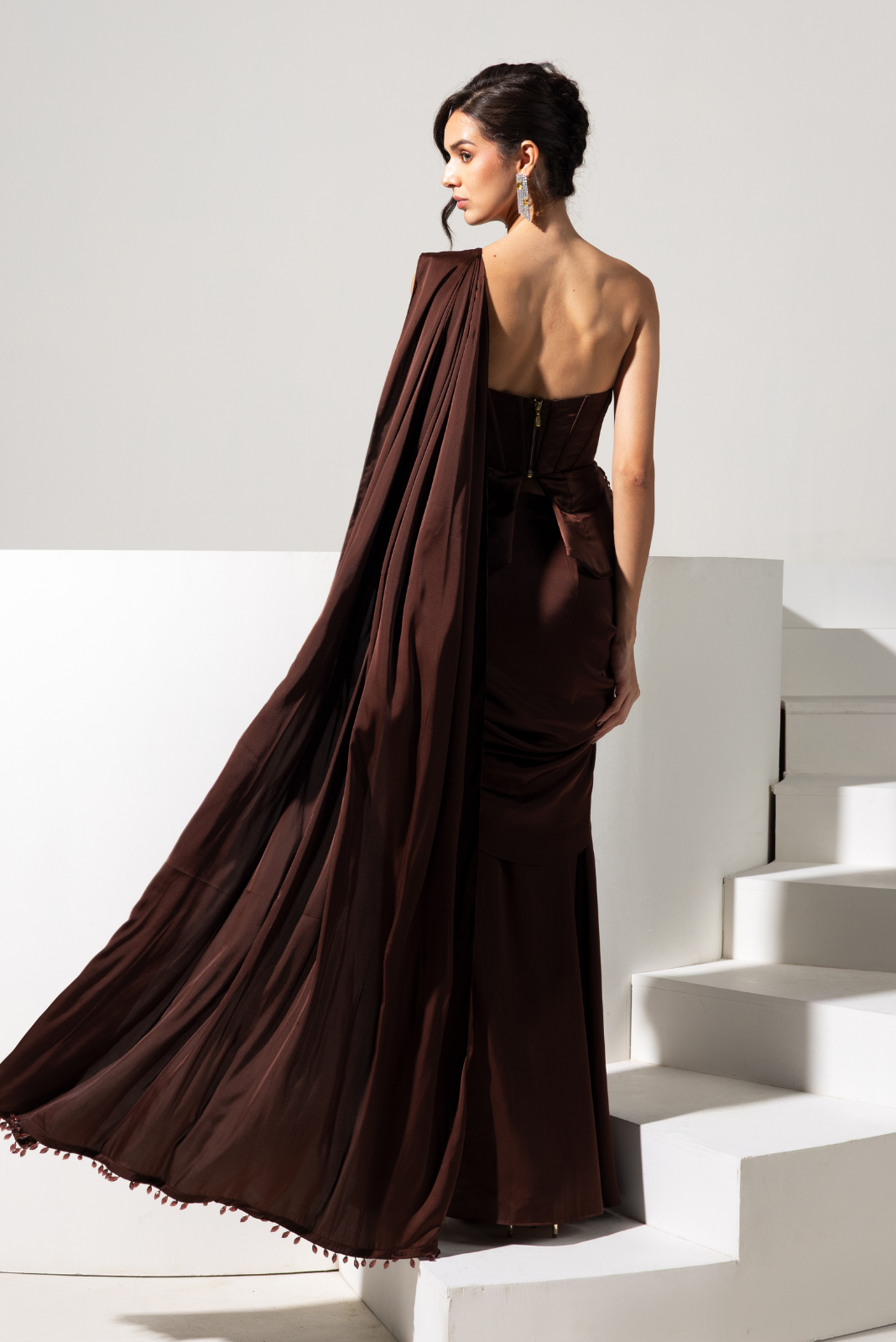 Chocolate Brown 3d Fishfin Embroidery Corset and Drape Skirt - Truffle