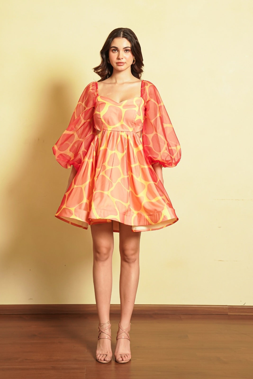 Coral and Yellow Pebble Print Full Sleeved Frock