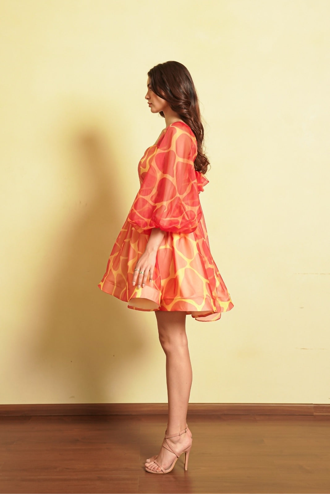 Coral and Yellow Pebble Print Full Sleeved Frock