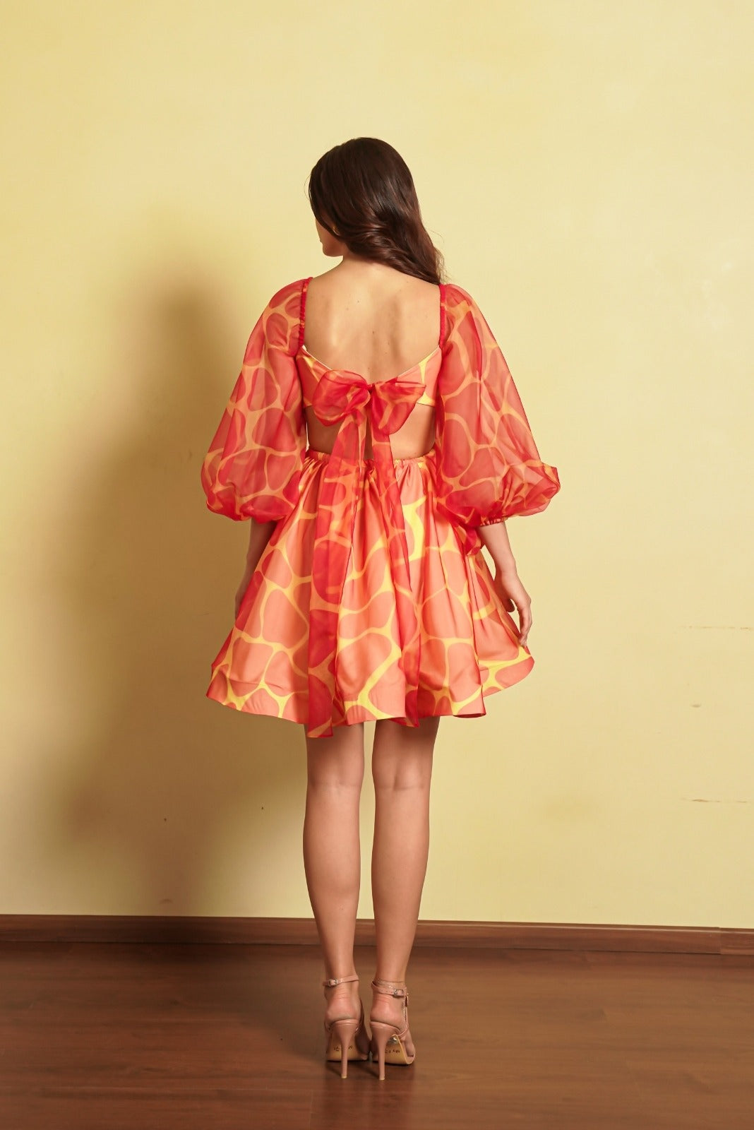 Coral and Yellow Pebble Print Full Sleeved Frock