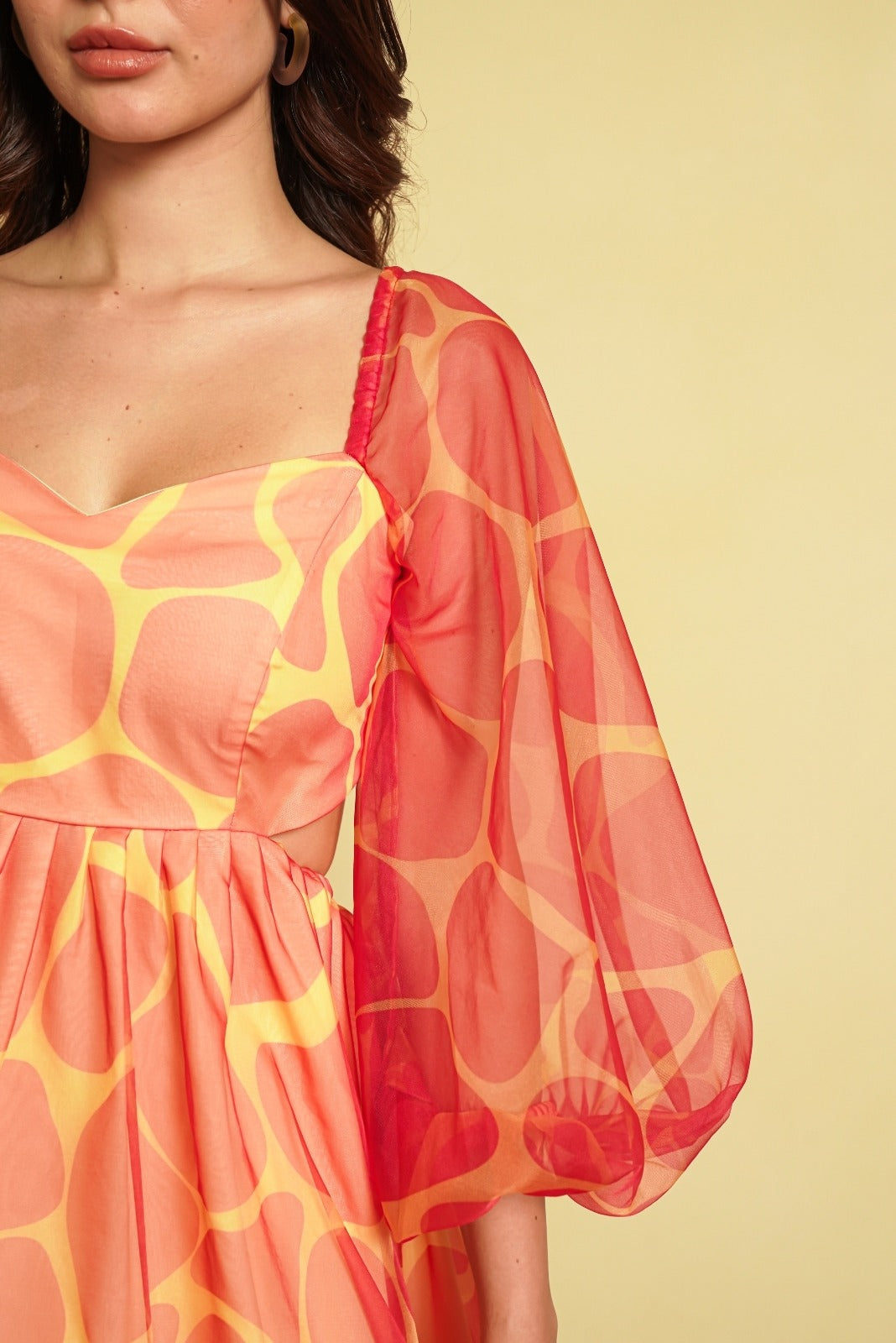 Coral and Yellow Pebble Print Full Sleeved Frock