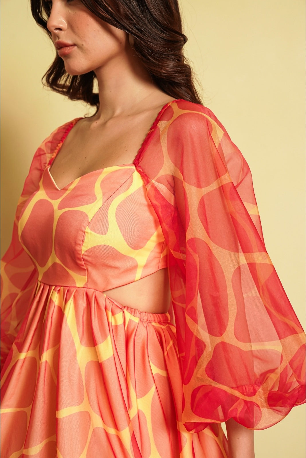 Coral and Yellow Pebble Print Full Sleeved Frock