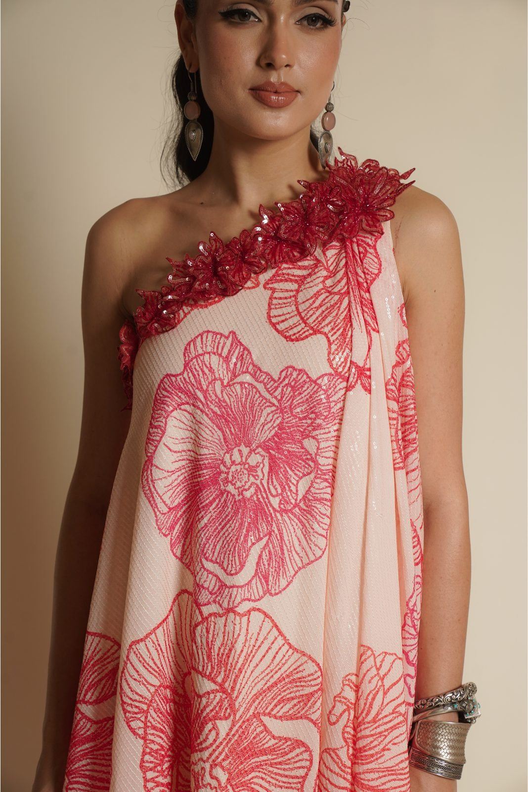 Cream Printed Sequence One Side Kaftan – Blossom Bonanza