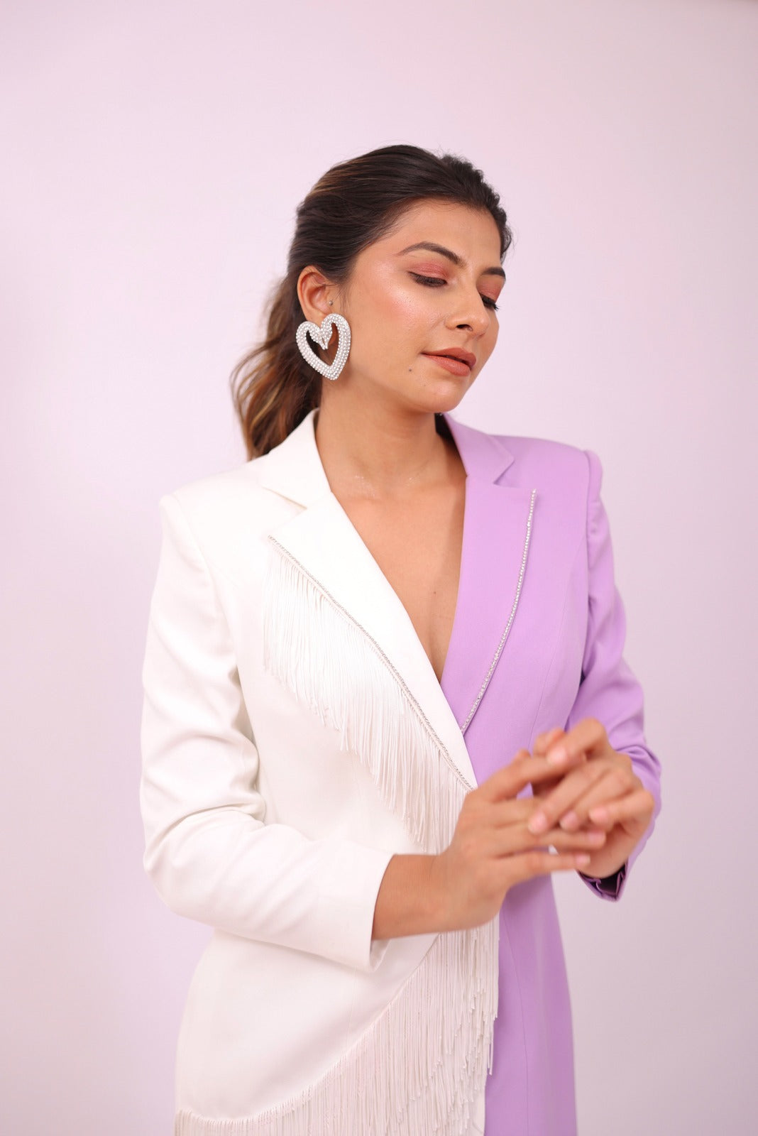 White and Purple Dual Colour Blazer Dress With Fringes – Dazzle