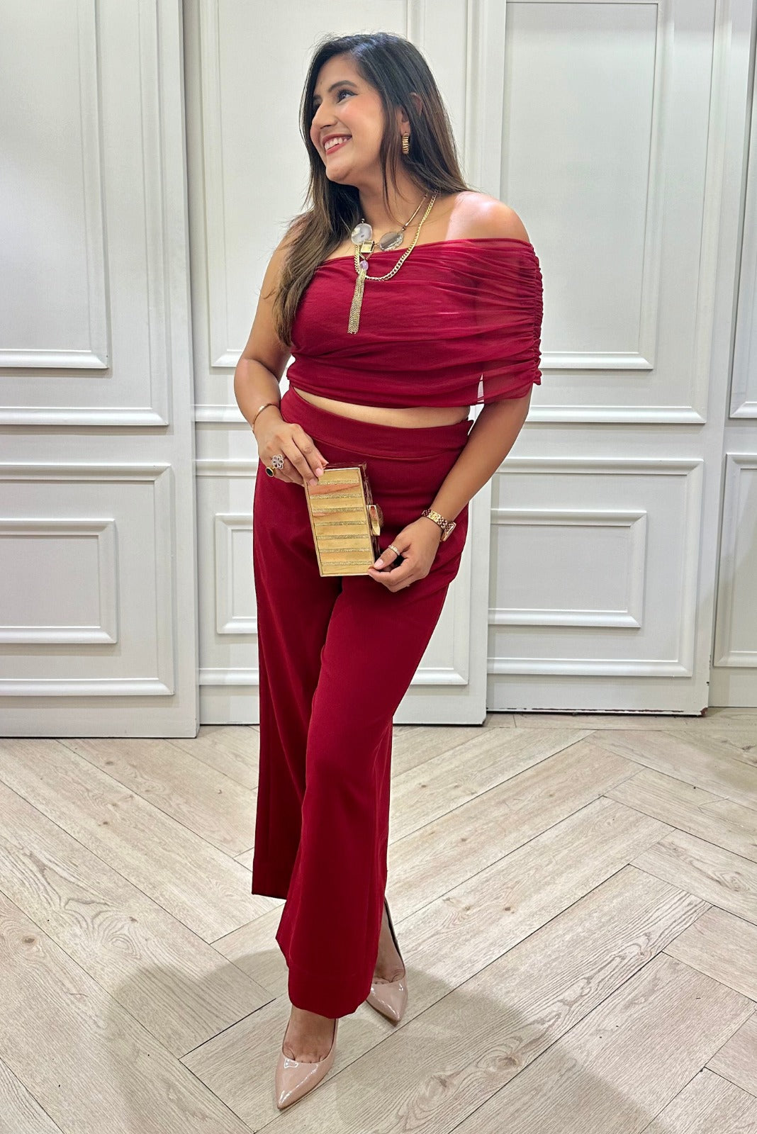 Deep Red Draped Top and Pants Co Ord Set