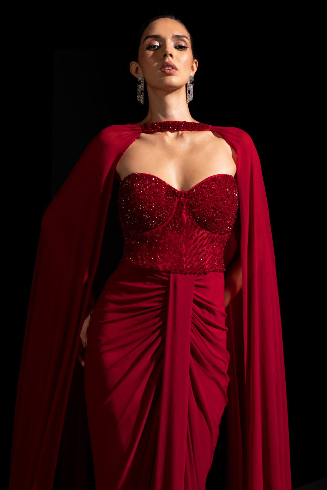Deep Red Crystal Embellished Gown with Choker - Rouge