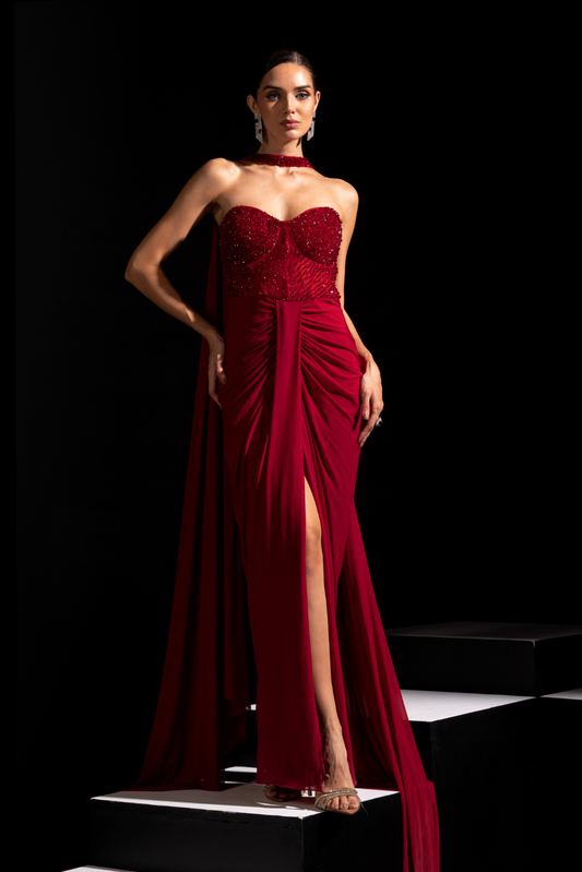 Deep Red Crystal Embellished Gown with Choker - Rouge