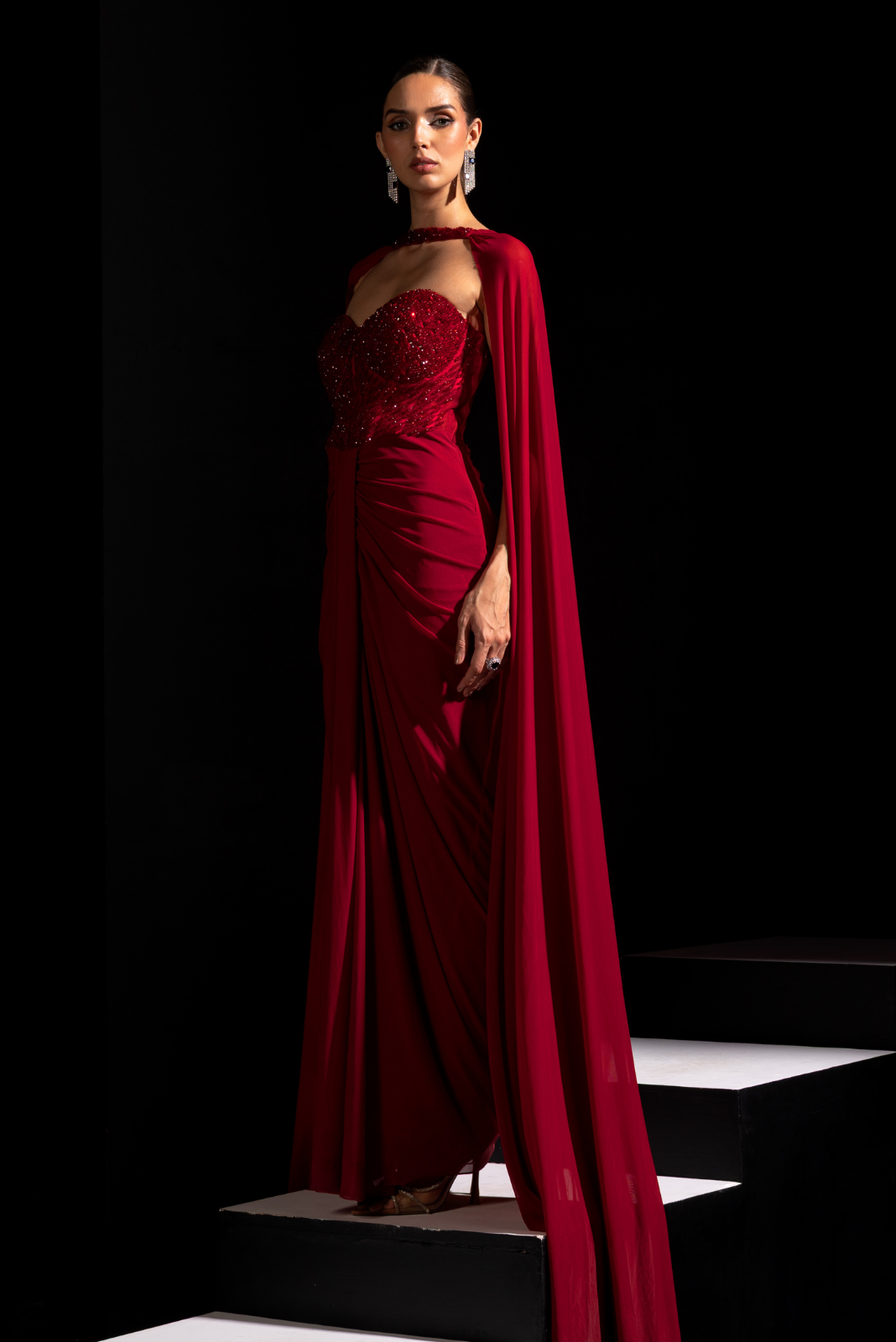 Deep Red Crystal Embellished Gown with Choker - Rouge