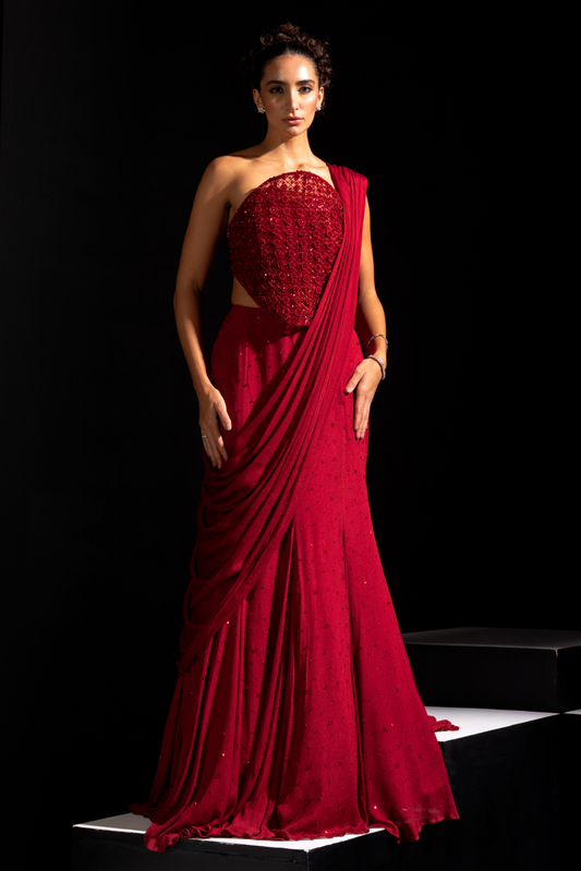 Deep Red Embroidery Corset and Lehenga Drape Set - Crimson