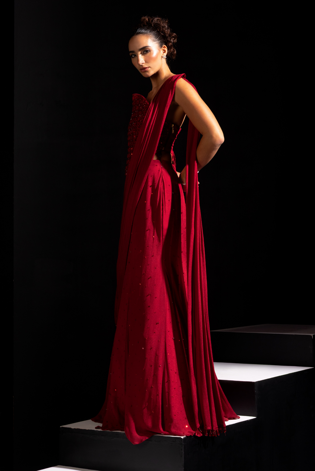 Deep Red Embroidery Corset and Lehenga Drape Set - Crimson