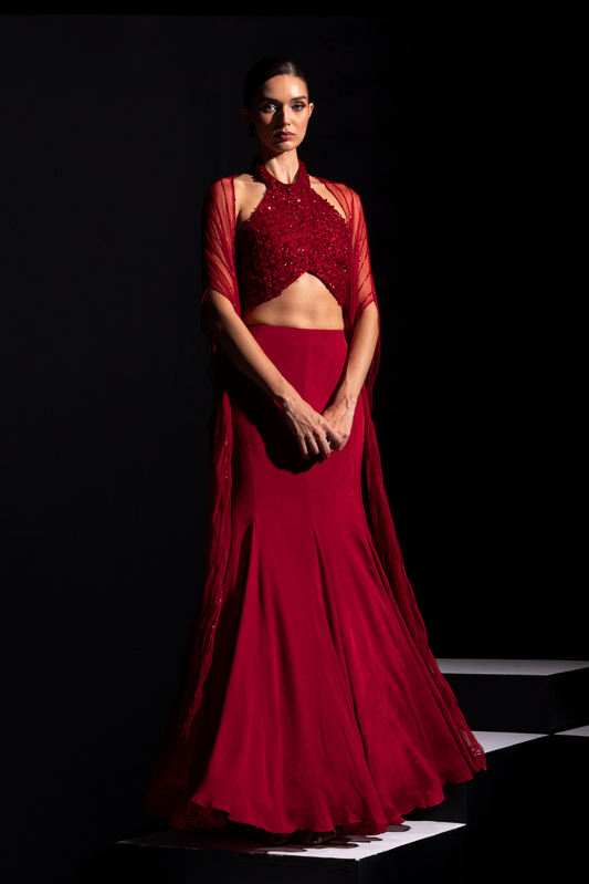 Deep Red Halter Neck Blouse with Fish cut Skirt and Embroidered Cape - Scarlet