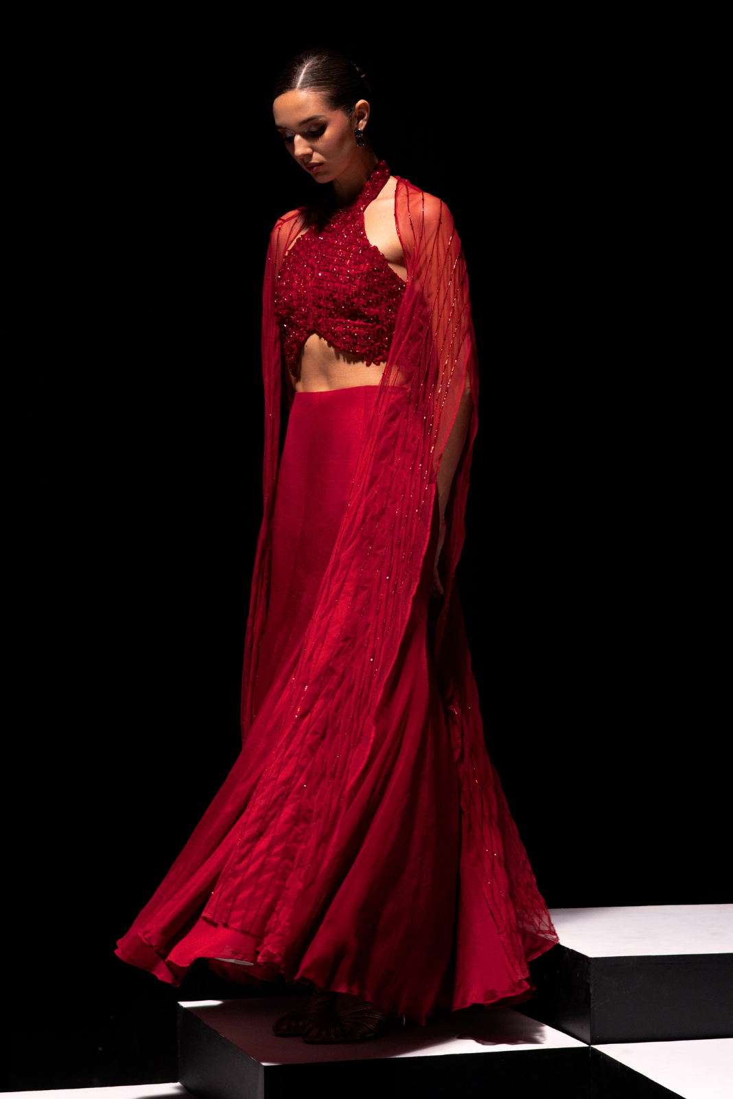 Deep Red Halter Neck Blouse with Fish cut Skirt and Embroidered Cape - Scarlet