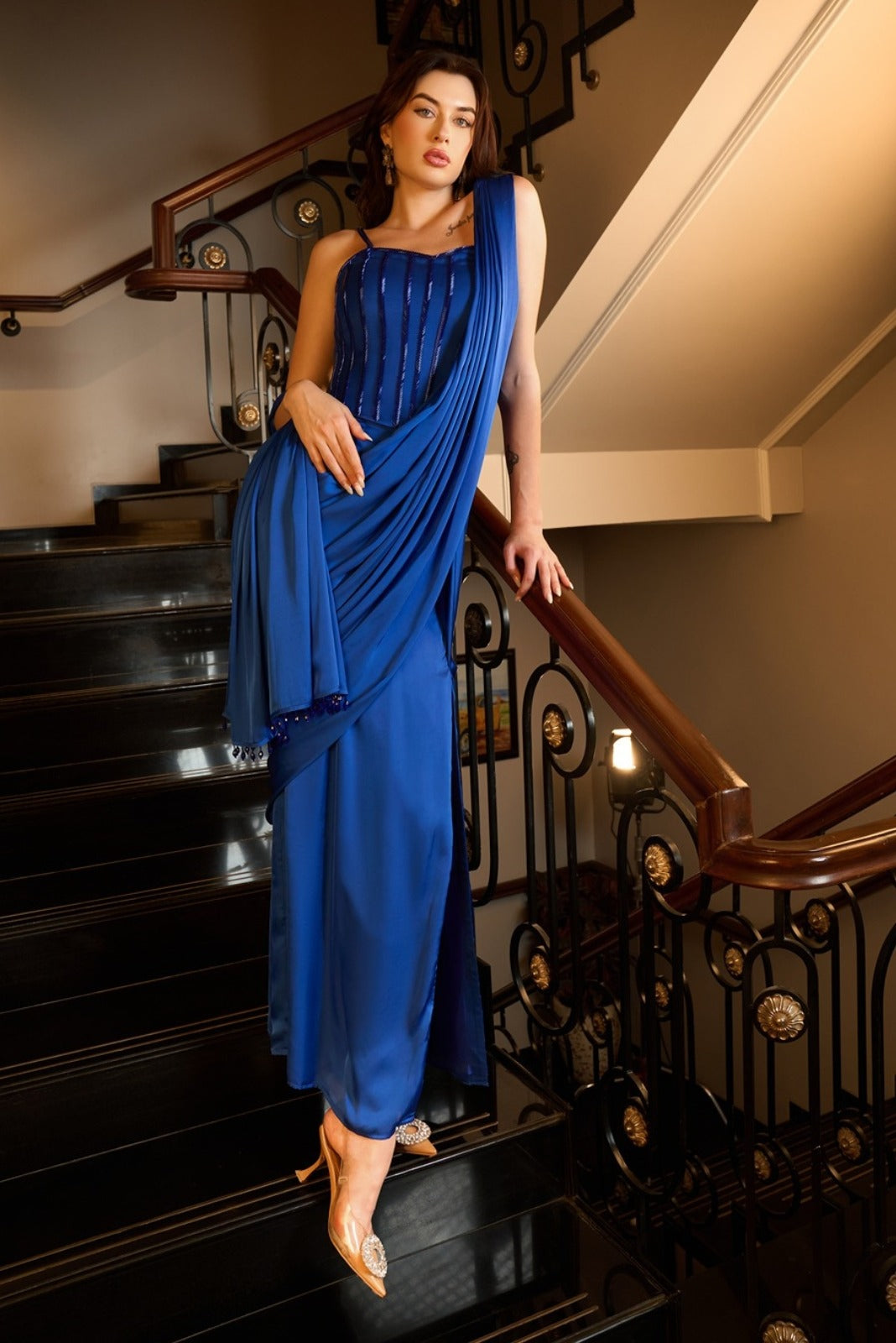 Electric Blue Long Corset Blouse With Pre-Stitched Saree