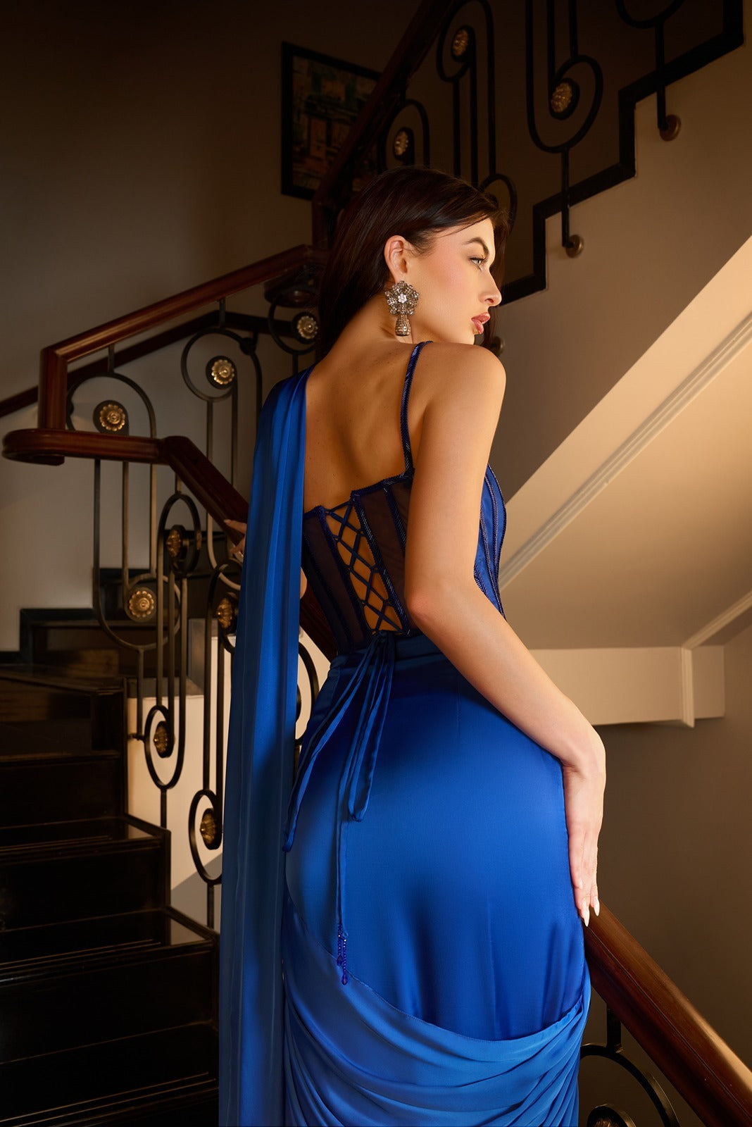 Electric Blue Long Corset Blouse With Pre-Stitched Saree
