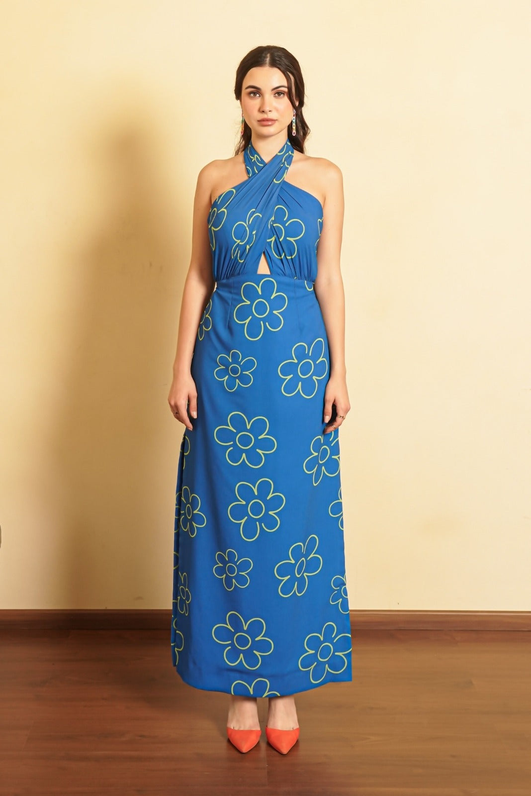 Electric Blue Printed Halter Neck Dress