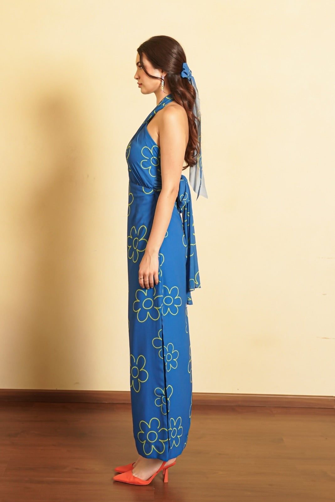 Electric Blue Printed Halter Neck Dress