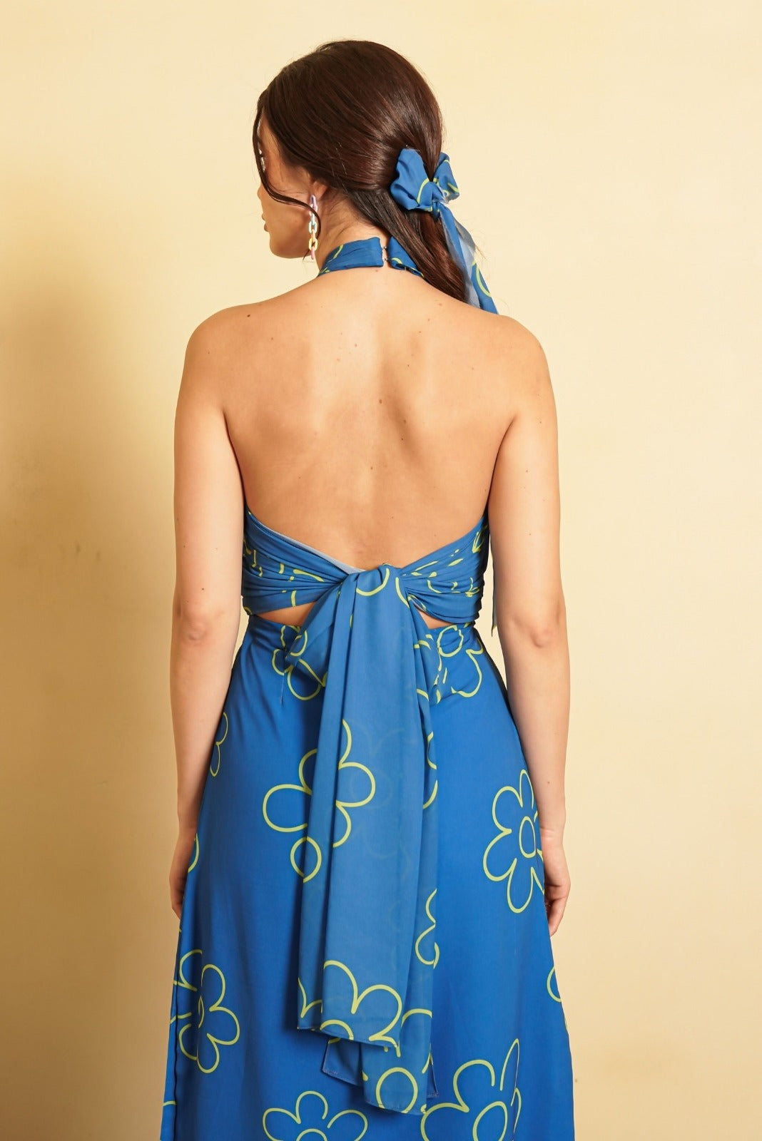 Electric Blue Printed Halter Neck Dress