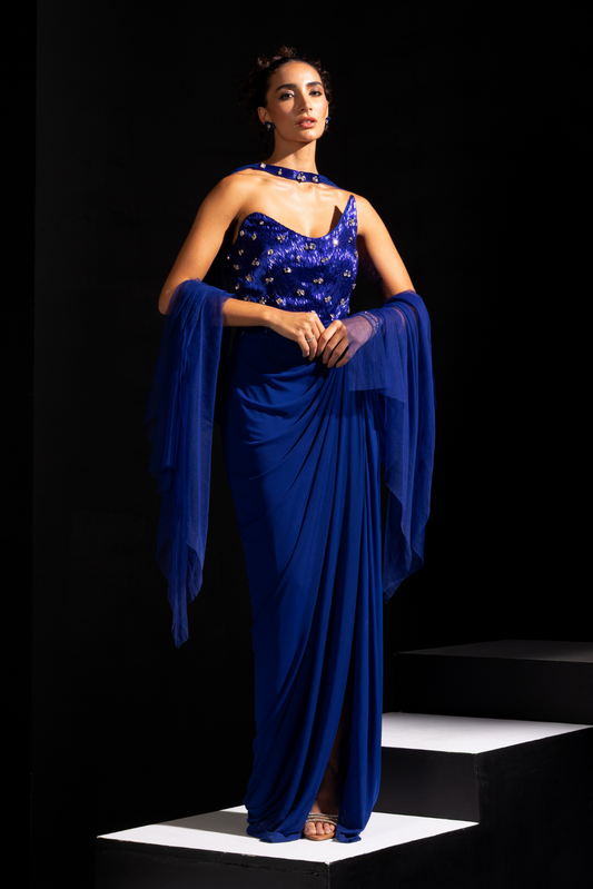 Electric Blue Asymmetrical Bodice Gown with Embroidered Choker - Shock wave